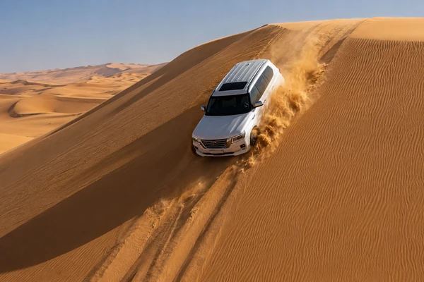 Four-wheel-drive vehicle descending a high Liwa desert dune