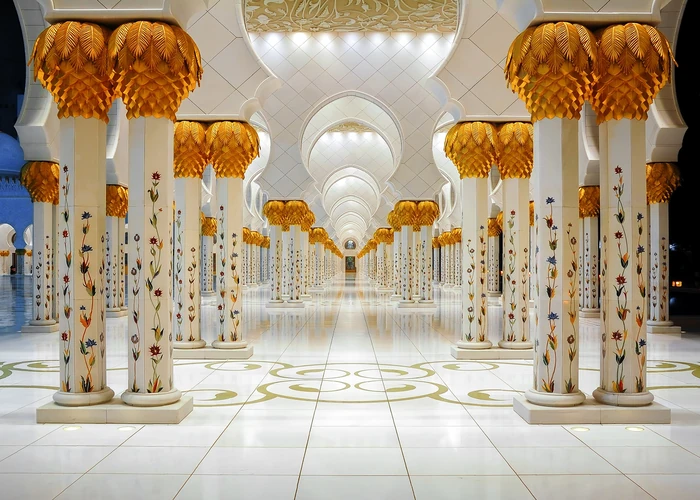 Traveller exploring Abu Dhabi city landmarks and palm-lined architecture