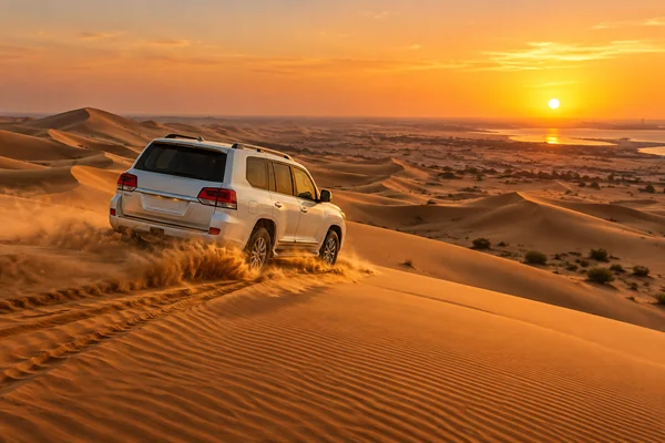 4x4 driving across the Abu Dhabi desert dunes at sunset