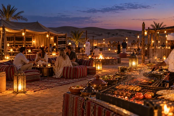 Guests enjoying a BBQ dinner at an Abu Dhabi desert safari camp