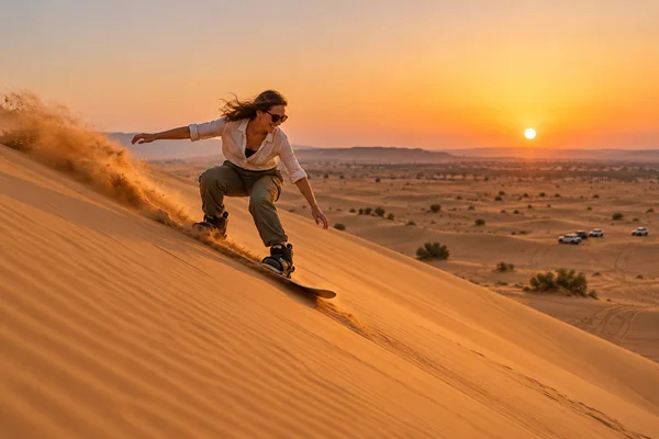 Visitor sandboarding down an Abu Dhabi desert dune at sunset