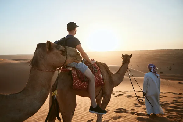 Tourist riding a camel across the Abu Dhabi desert at sunset during an evening safari