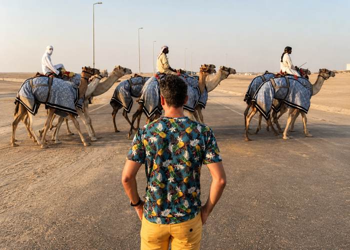 Traveller watching a camel caravan cross the road on the way to Liwa